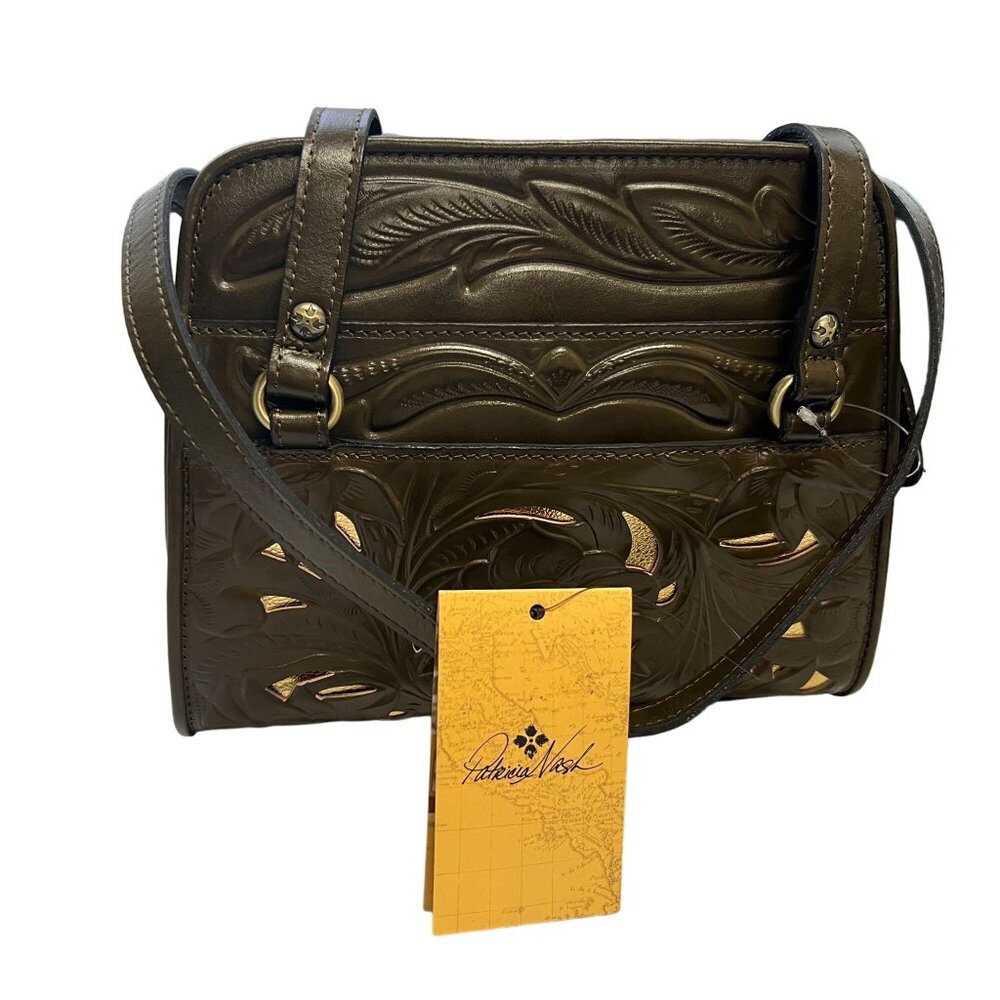 Patricia Nash Bruna Tooled Satchel Bag Purse Olive Green Gold CutOut NWT A1